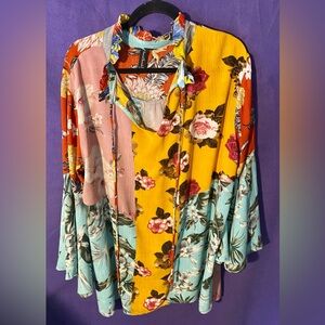 Sacred Threads Multi-Color Floral Patchwork Tunic Top